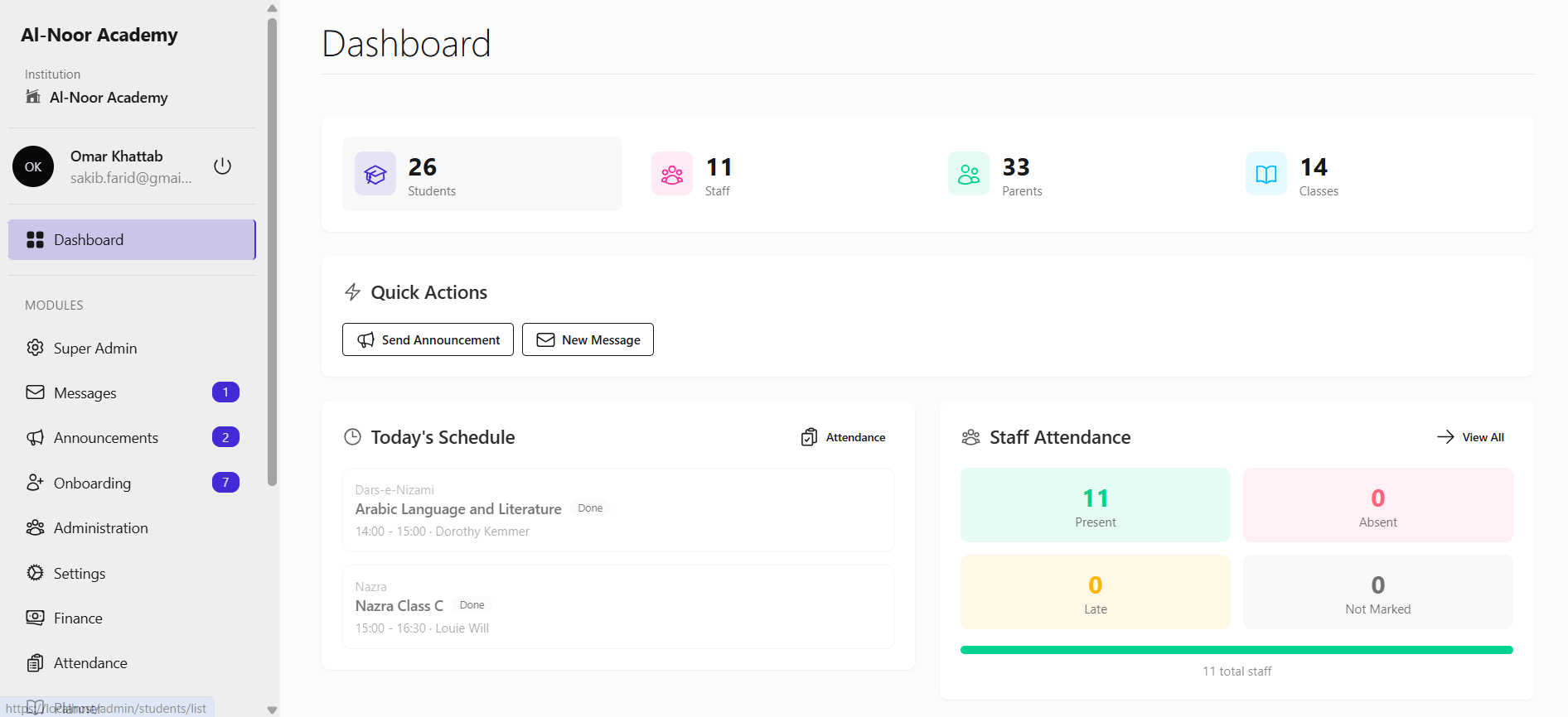 Nurily admin dashboard showing student overview, attendance stats, and quick actions