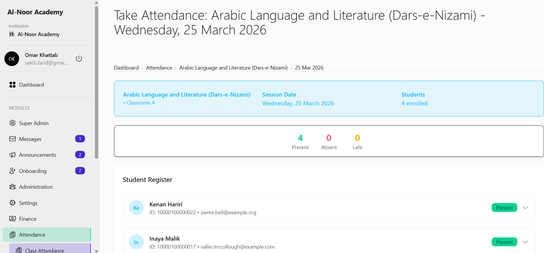 Nurily class attendance register showing student records and status tracking